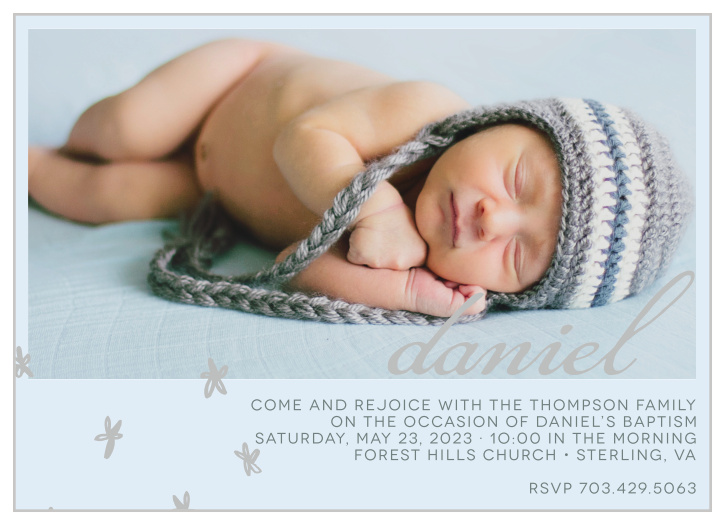 Fun hand-drawn flowers decorate the left-hand corner of the Doodle Petal Foil Boy Baptism Invitations. 