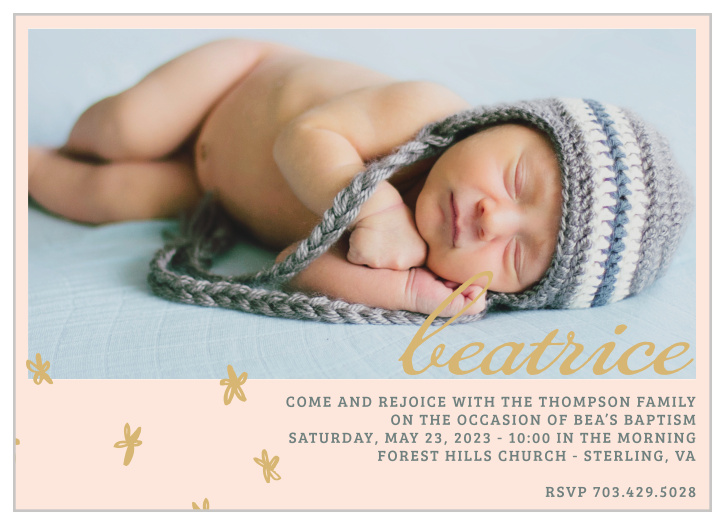 Fun hand-drawn flowers decorate the left-hand corner of the Doodle Petal Foil Girl Baptism Invitations.