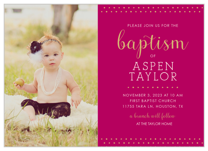 Make your daughter the star of the Polka Dot Border Girl Baptism Invitations. 