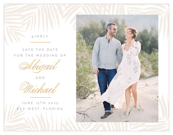 Delicate palm fronds create borders along the top and bottom of the Palm Beach Foil  Save-the-Date Cards.