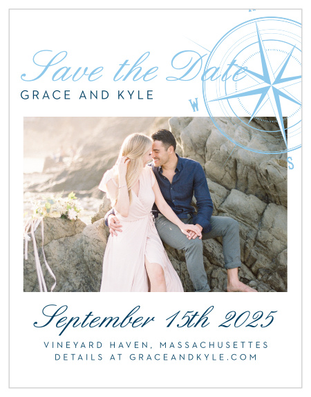 Reserve your spot on your guests' calendars with the Nautical Compass Save-the-Date Cards. This maritime design features a compass with a star center consistent with the Nautical Compass Wedding Invitation Suite. Put your names on the top in your choice of over 100 hand-picked fonts. Then add your engagement photo. Beneath this is your wedding date, location and wedding website. Personalize these save-the-dates with your choice of more than 160 custom colors. 