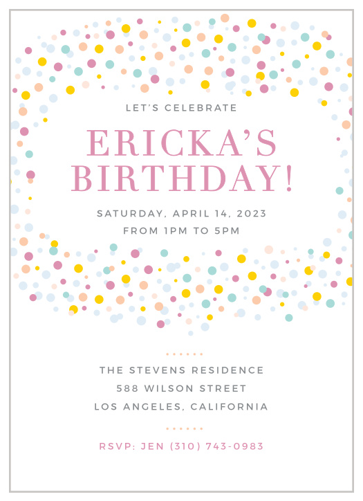 Colorful confetti swirls around your text on the Dancing Dots First Birthday Invitations. 