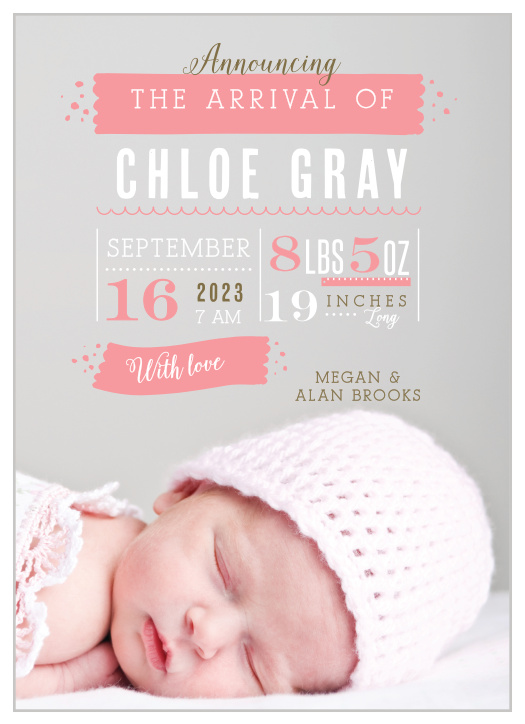 Your newborn child's photo is the backdrop to the Baby Stats Birth Announcements from the Love Vs Design Collection at Basic Invite.