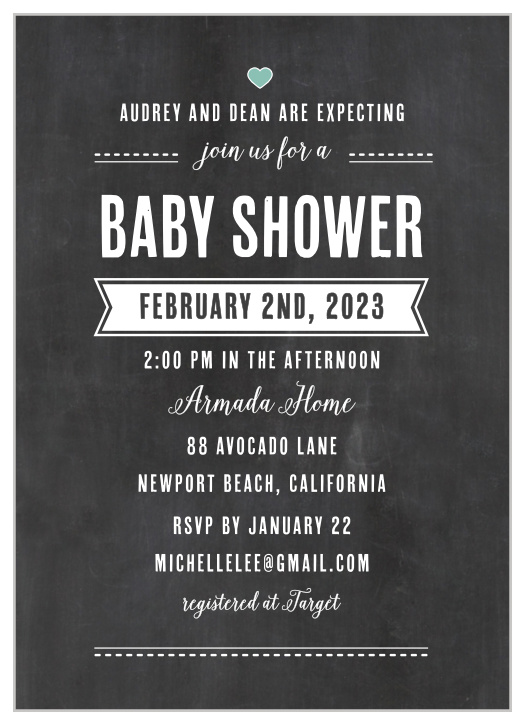 Invites friends and family to shower the mom-to-be with gifts and well wishes using the Chalkboard Writing Baby Shower Invitations from the Love Vs  Design Collection at Basic Invite. 