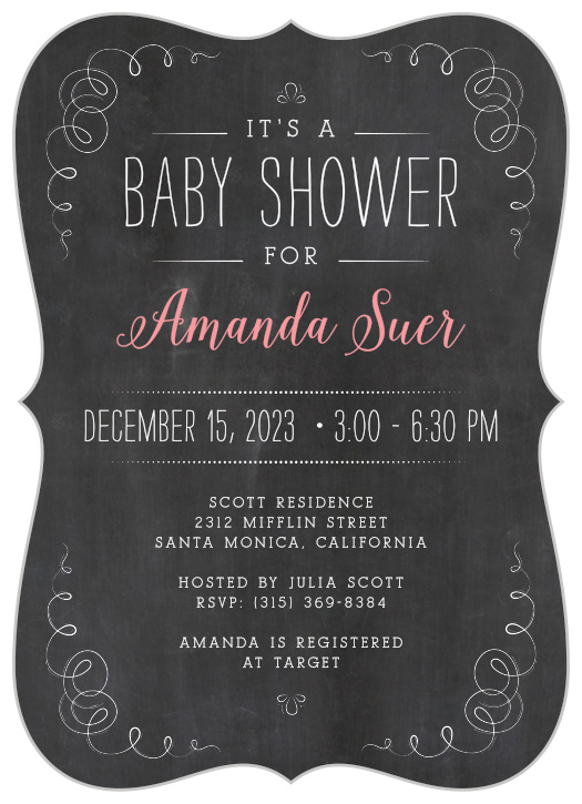 Whimsical, whirling lines frame the Chalkboard Love Baby Shower Invitations. 