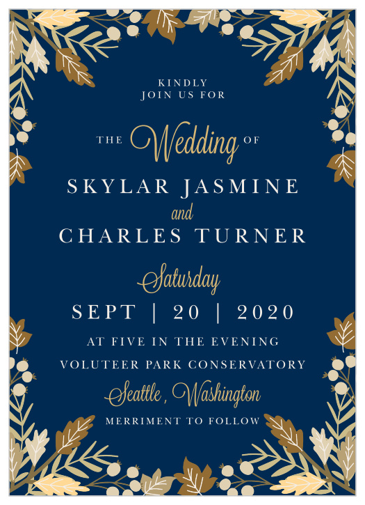 Gorgeous autumn foliage frames your text on the Falling Leaves Foil Wedding Invitations.