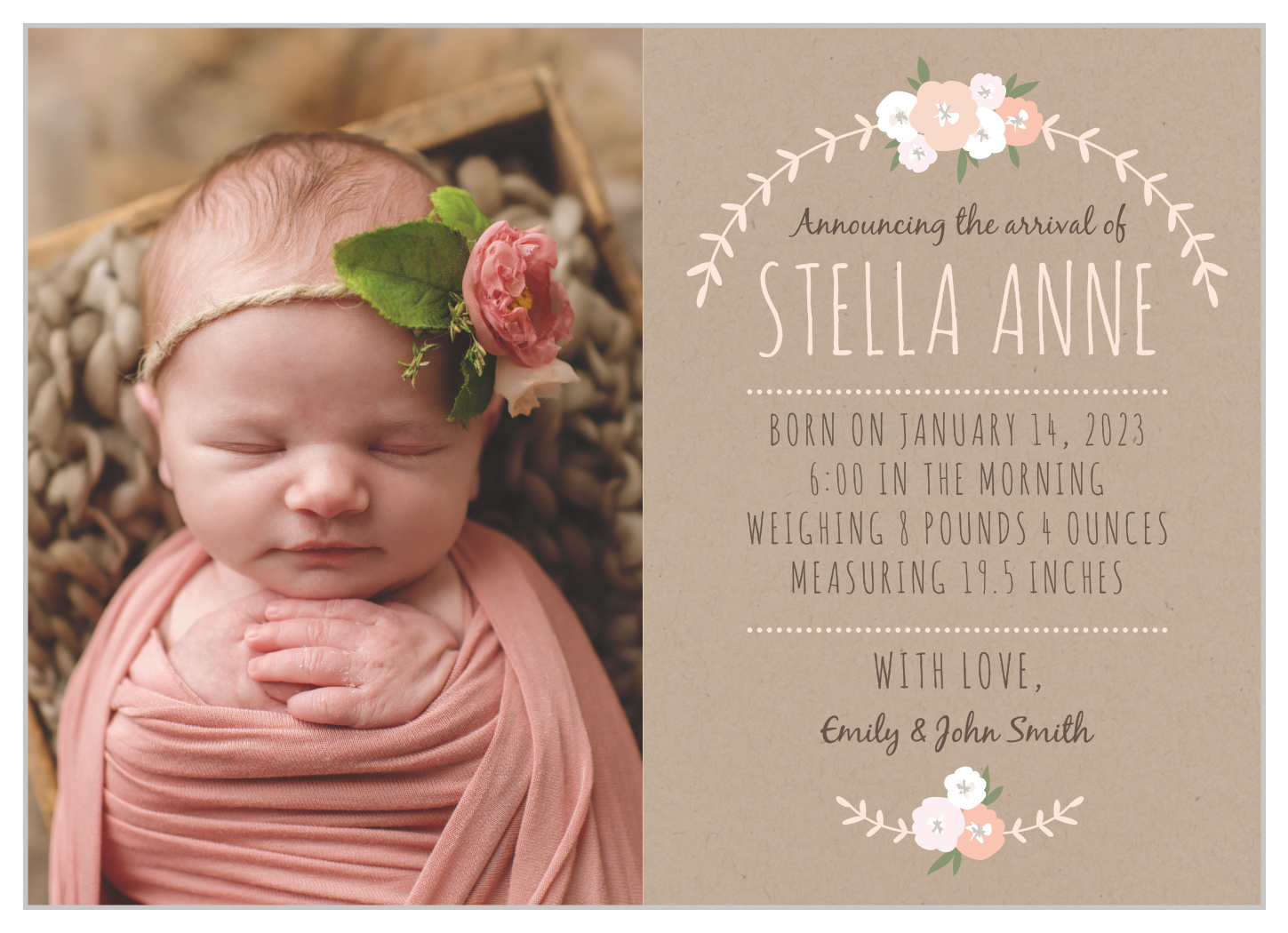 Floral Kraft Birth Announcements by Basic Invite