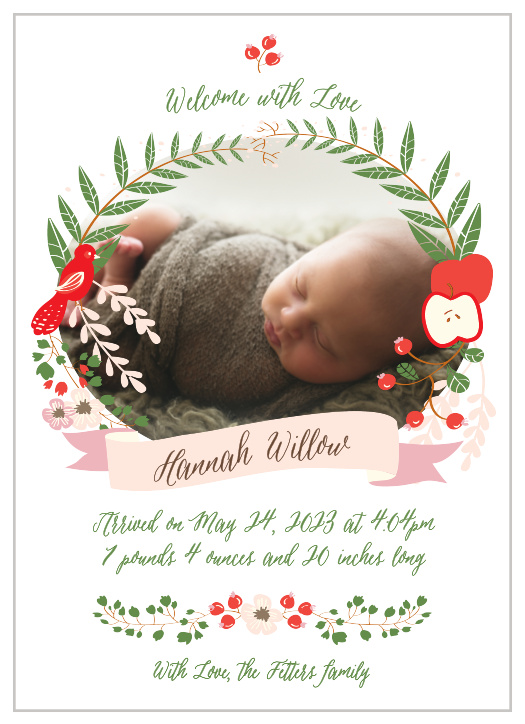 A wreath of foliage, fruit and a bird frame your newborn child's photo on the Whimsical Forest Birth Announcements.