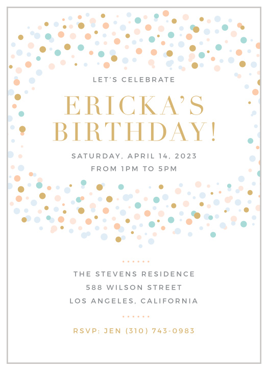 Colorful confetti swirls around your text on the Dancing Dots Foil First Birthday Invitations.