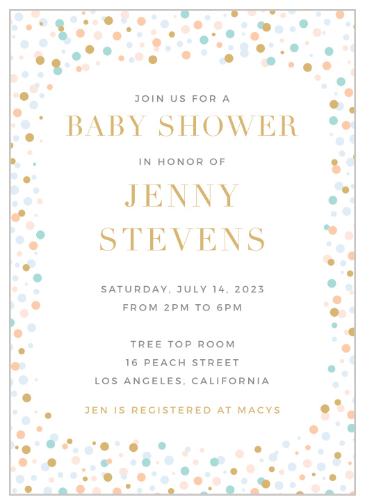 Colorful confetti frames the Dancing Dots Foil Baby Shower Invitations. 